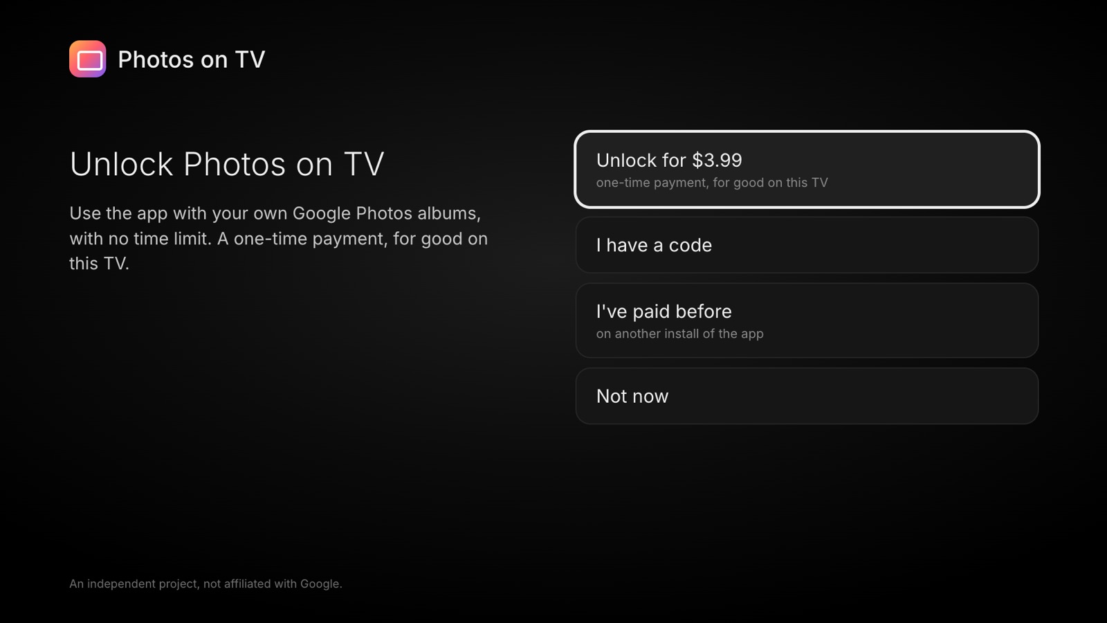 The unlock screen, with a one-time price