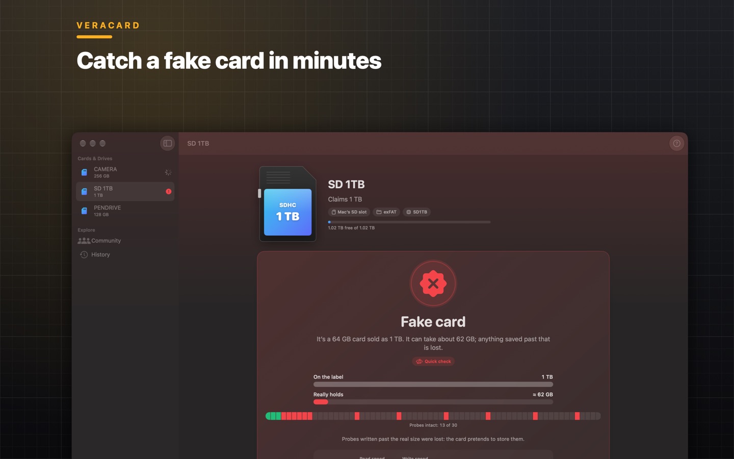 Veracard showing a card sold as 1 TB that is really 64 GB